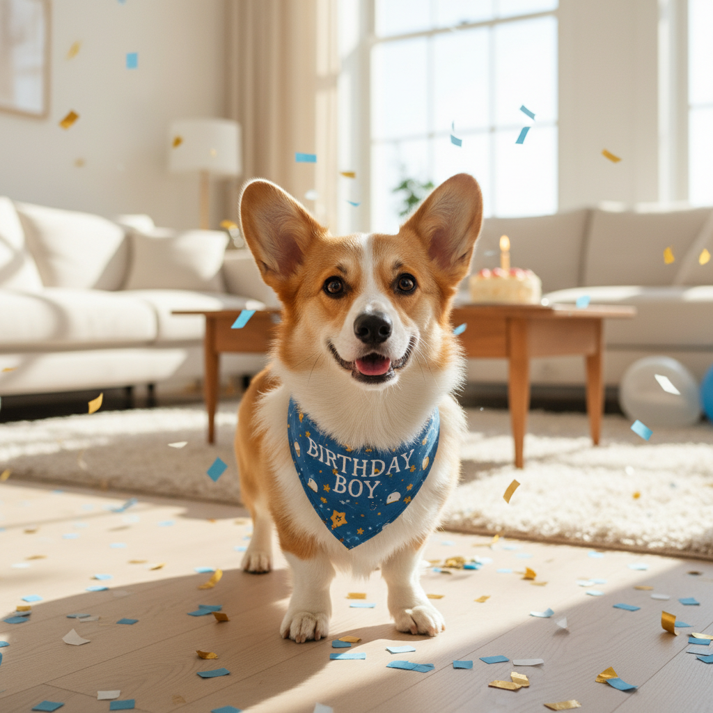 Birthday Boy라는 문구가 적힌 파란색 스카프를 두른 웰시코기가 화사한 거실 바닥에서 꽃가루와 함께 포즈를 취하고 있는 사진.