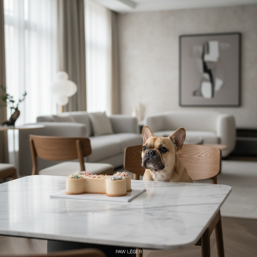 미니멀한 디자인의 강아지 케이크가 놓인 화이트 마블 테이블 앞에 앉아 있는 프렌치 불독, 감성적이고 세련된 인테리어 배경의 고품질 이미지.