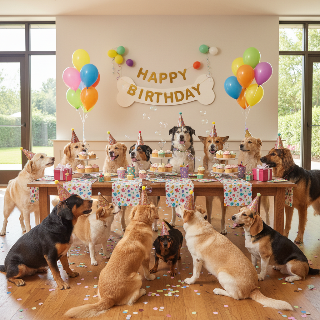 다양한 견종의 강아지들이 파티 모자를 쓰고 낮은 테이블에 모여 앉아 생일 파티를 즐기는 모습, 밝고 활기찬 분위기의 와이드 샷.