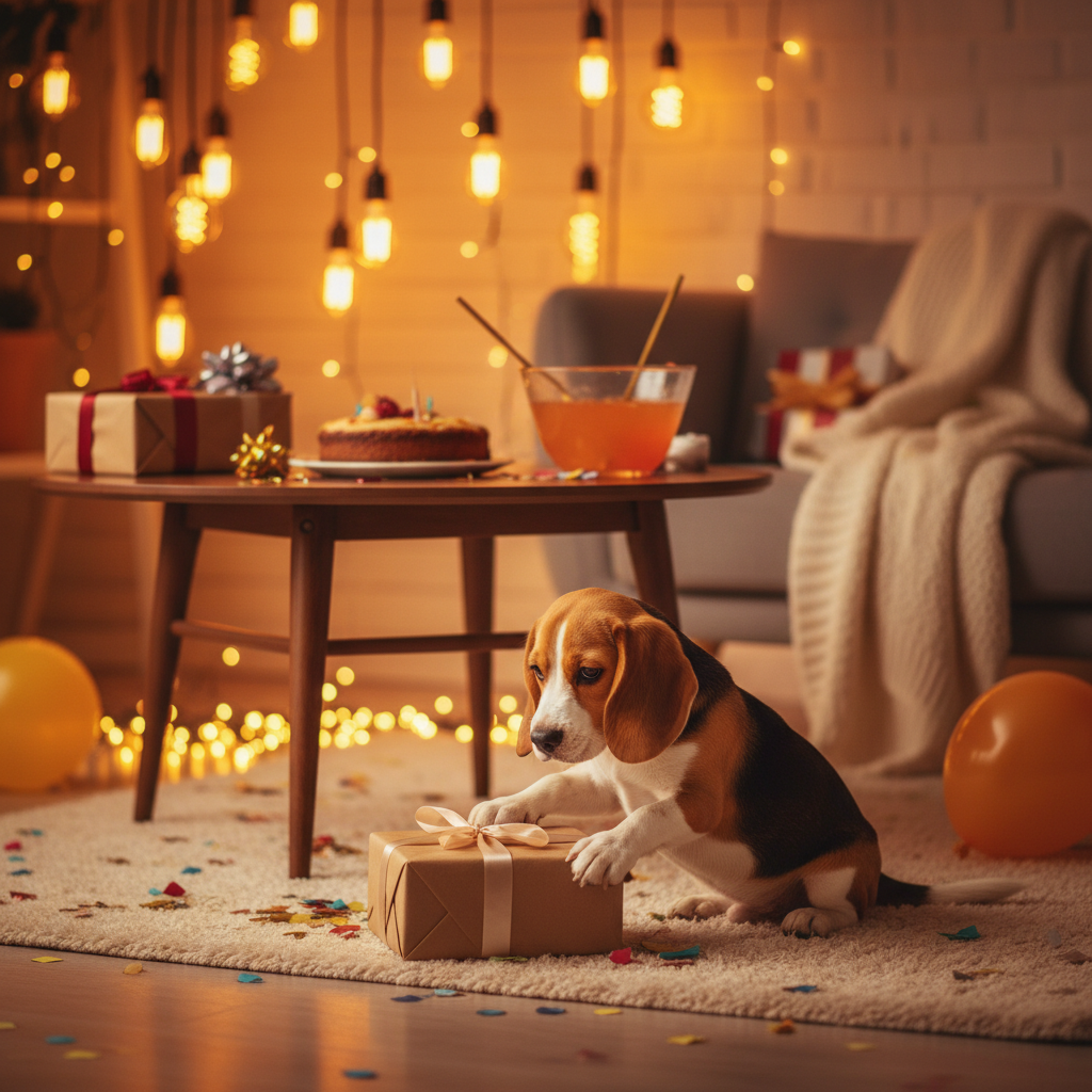 은은한 전구 조명 아래에서 생일 선물을 앞발로 건드리고 있는 비글 강아지, 아늑하고 따뜻한 홈 파티 느낌의 고감도 사진.